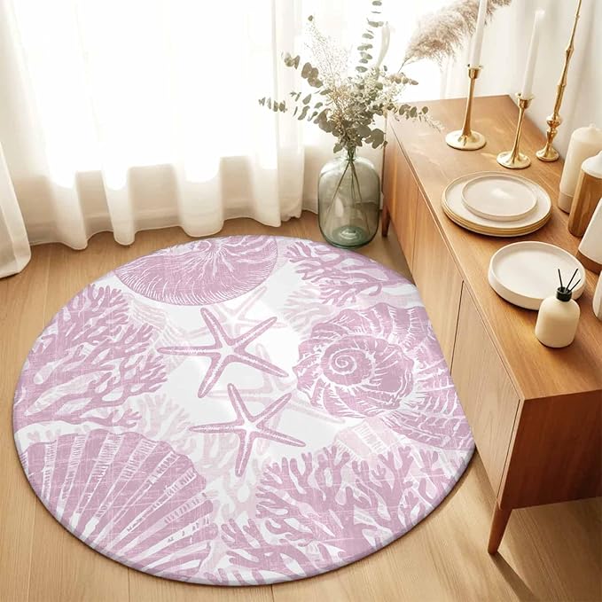 Washable Round Area Rug Watercolor Summer Marine Creature Circle Rugs Floor Carpet for Living Room Bedroom, Pink Starfish Shell Conch Soft Non Slip Round Rug 3ft