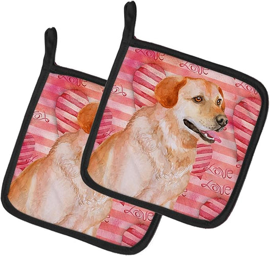 Caroline's Treasures BB9801PTHD Labrador Retriever Love Pair of Pot Holders, Red Kitchen Heat Resistant Pot Holders Sets Oven Hot Pads for Cooking Baking BBQ, 7 1/2 x 7 1/2