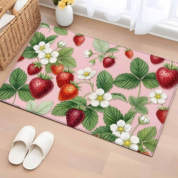 Area Rug 2x3ft, Summer Strawberry Bush on Pink Washable Rugs for Living Room Bedroom, Forest Green Foliage Soft Non-Slip Area Rugs Rectangle Floor Carpet for Dining Room
