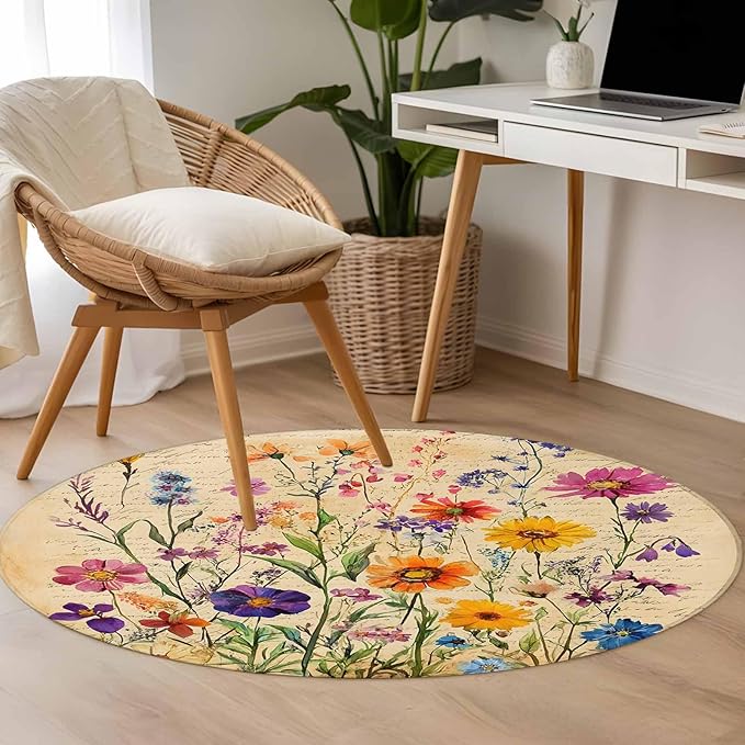 Washable Round Area Rug Farmhouse Colorful Small Flower Circle Rugs Floor Carpet for Living Room Bedroom, Retro Backdrop Seamless Soft Non Slip Round Rug 3ft