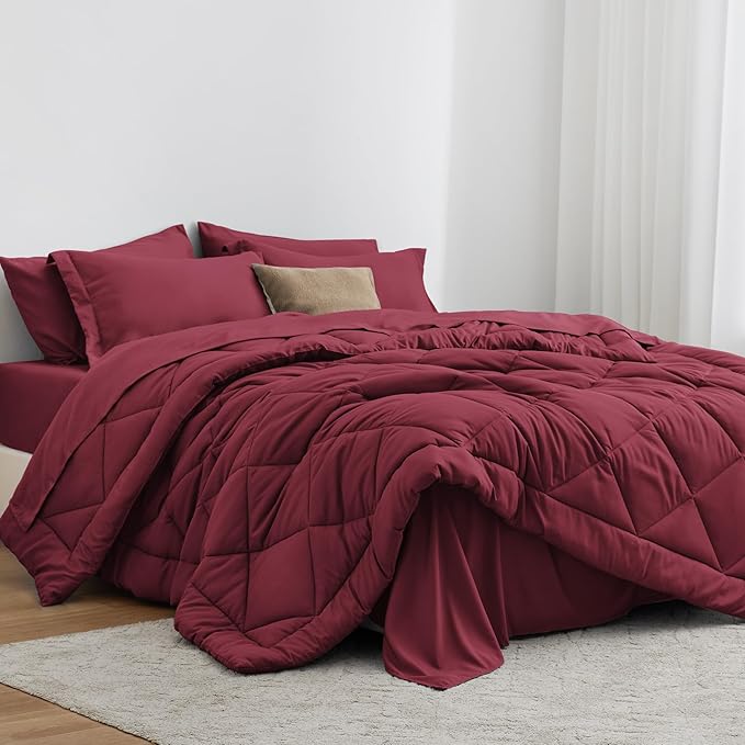 Love's cabin King Size Comforter Set Burgundy, 7 Pieces King Bed in a Bag, All Season Bedding Sets with 1 Comforter, 1 Flat Sheet, 1 Fitted Sheet, 2 Pillowcase and 2 Pillow Sham | Soft, Breathable, Lightweight, Comfortable