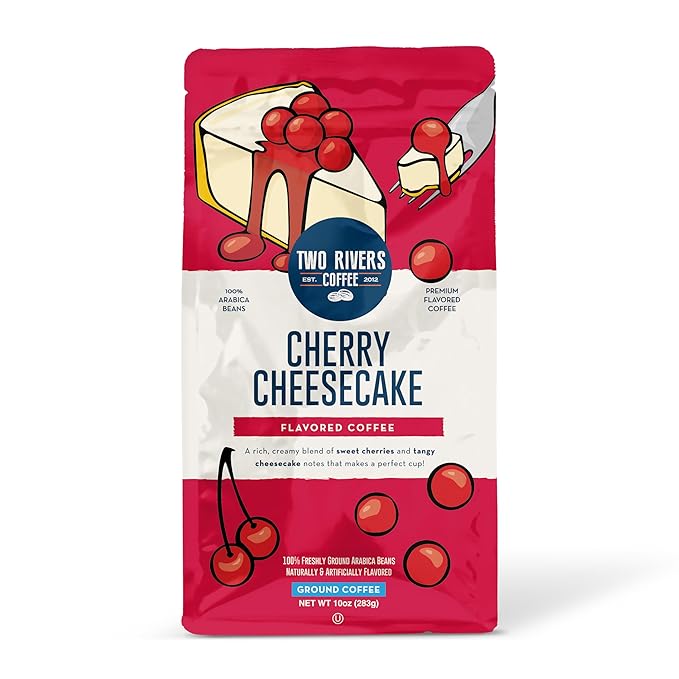 Two Rivers Coffee Cherry Cheesecake Flavored Ground Coffee, Perfectly Balanced, Always Smooth, Made with 100% Arabica Beans - Flavor Enhanced, 10 Ounce Bag