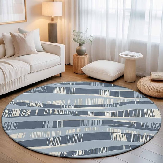 Washable Round Area Rug Navy Blue Ocean Waves Coastal Horizon Circle Rugs Floor Carpet for Living Room Bedroom, Abstract Art Soft Non Slip Round Rug 3ft