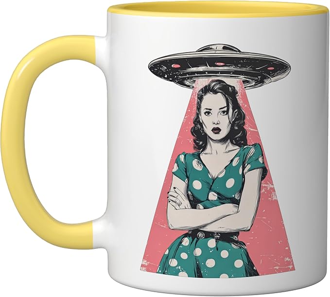 Retro 1950s UFO Abduction Woman Sci Fi Alien Ceramic Mug, Yellow/White