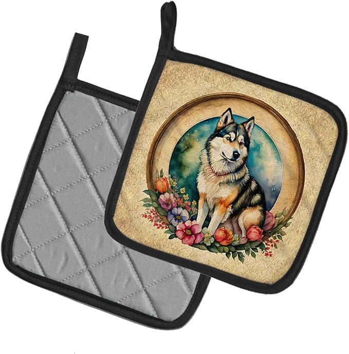 Caroline's Treasures Alaskan Malamute and Flowers Pair of Pot Holders Kitchen Heat Resistant Pot Holders Sets Oven Hot Pads for Cooking Baking BBQ, 7 1/2 x 7 1/2