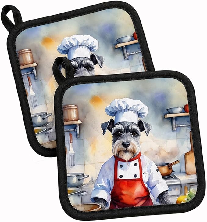 Caroline's Treasures Schnauzer The Chef Pair of Pot Holders Kitchen Heat Resistant Pot Holders Sets Oven Hot Pads for Cooking Baking BBQ, 7 1/2 x 7 1/2