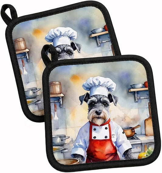 Caroline's Treasures Schnauzer The Chef Pair of Pot Holders Kitchen Heat Resistant Pot Holders Sets Oven Hot Pads for Cooking Baking BBQ, 7 1/2 x 7 1/2