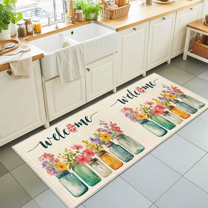 Runner Rug for Bedroom Hallway, Summer Pastoral Flower Buffalo Plaid Kitchen Runner Rugs Area Rug 2x6ft, Rustic Blossom Floral Washable Soft Floor Carpet for Entryway Stair