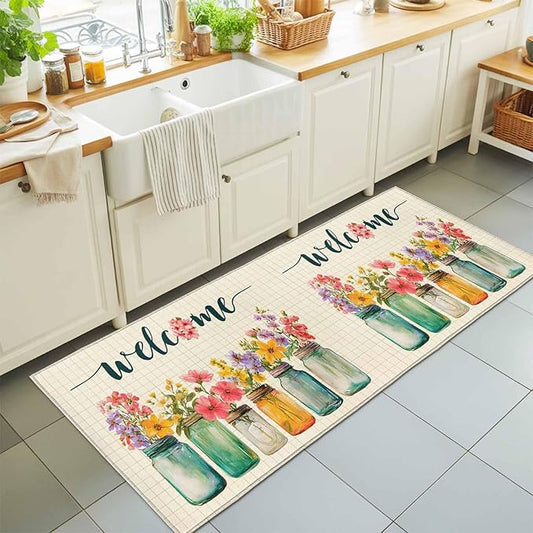 Runner Rug for Bedroom Hallway, Summer Pastoral Flower Buffalo Plaid Kitchen Runner Rugs Area Rug 2x6ft, Rustic Blossom Floral Washable Soft Floor Carpet for Entryway Stair