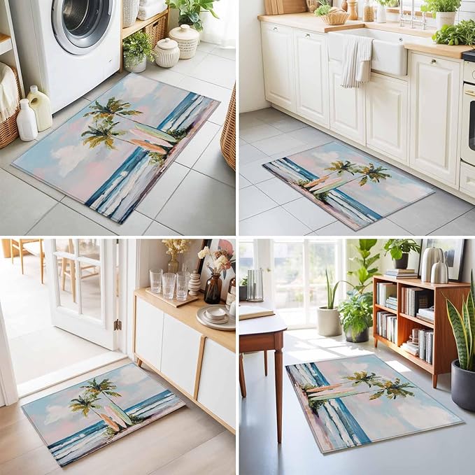 Area Rug 2x3ft, Summer Blue Ocean Surfboard Washable Rugs for Living Room Bedroom, Tropical Plant Palm Tree Soft Non-Slip Area Rugs Rectangle Floor Carpet for Dining Room