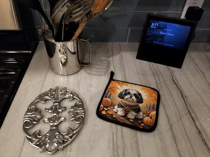 Caroline's Treasures DAC1073PTHD Shih Tzu Fall Pair of Pot Holders Kitchen Heat Resistant Pot Holders Sets Oven Hot Pads for Cooking Baking BBQ, 7 1/2 x 7 1/2
