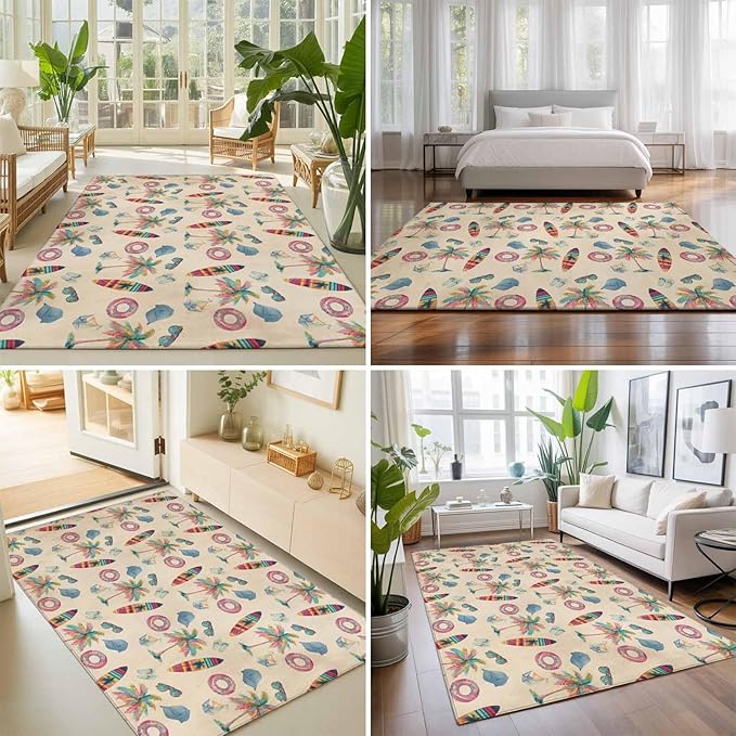 Area Rug 3x5ft, Summer Surfboard Coconut Tree Washable Rugs for Living Room Bedroom, Coastal Vintage Plants Soft Non-Slip Area Rugs Rectangle Floor Carpet for Dining Room