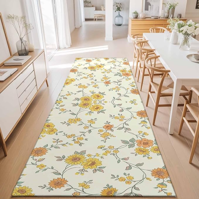 Runner Rug for Bedroom Hallway, Orange Yellow Flowers Wild Vines Kitchen Runner Rugs Area Rug 2x6ft, Watercolor Floral Washable Soft Floor Carpet for Entryway Stair