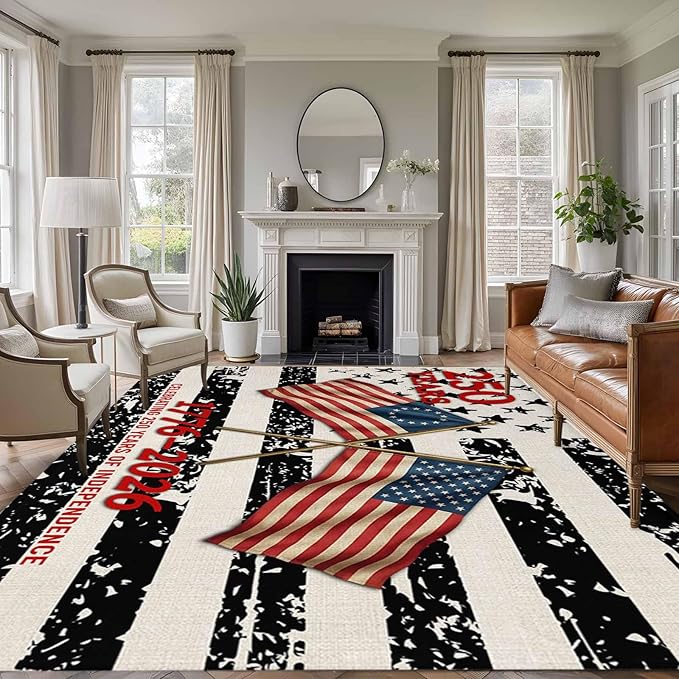 Area Rug 8x10ft, Independence Day 250th Anniversary Washable Rugs for Living Room Bedroom, Retro USA Flags Soft Non-Slip Area Rugs Rectangle Floor Carpet for Dining Room