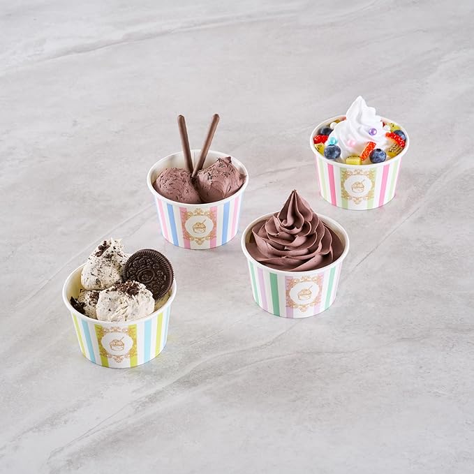 Restaurantware Paper Cups 200 Count 8 Ounce Square Disposable Ice Cream Containers, Leak-Resistant Paper Dessert To Go Cups, Hot And Cold Food, Durable Assorted Stripe Design