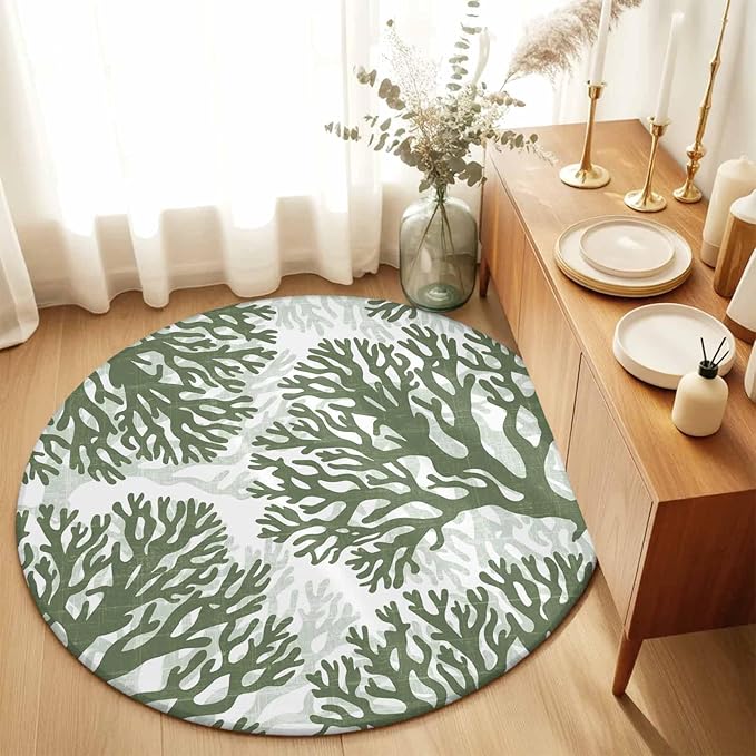 Washable Round Area Rug Deep Forest Green Corals Circle Rugs Floor Carpet for Living Room Bedroom, Retro Marine Life Soft Non Slip Round Rug 5ft