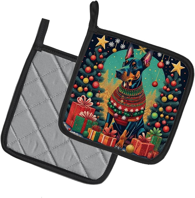 Caroline's Treasures Doberman Pinscher Christmas Pair of Pot Holders Kitchen Heat Resistant Pot Holders Sets Oven Hot Pads for Cooking Baking BBQ, 7 1/2 x 7 1/2