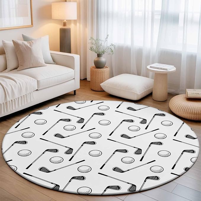 Washable Round Area Rug Golf Club Ball Seamless Pattern Circle Rugs Floor Carpet for Living Room Bedroom, Modern Minimalist Art Soft Non Slip Round Rug 3ft
