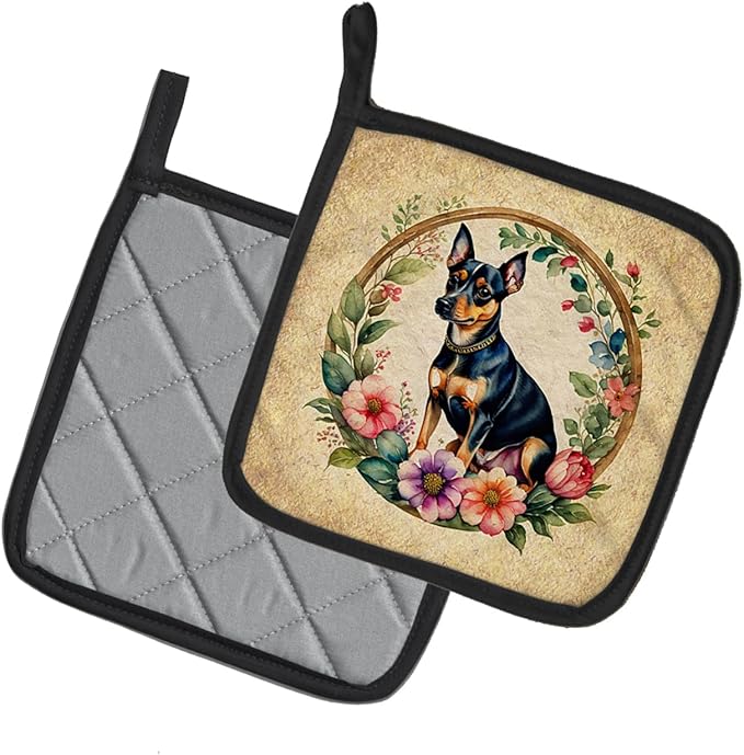 Caroline's Treasures Miniature Pinscher and Flowers Pair of Pot Holders Kitchen Heat Resistant Pot Holders Sets Oven Hot Pads for Cooking Baking BBQ, 7 1/2 x 7 1/2