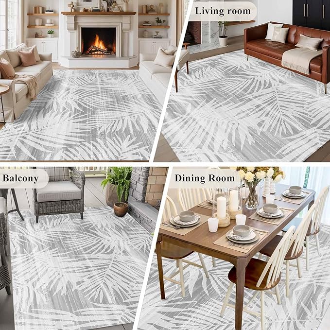 Area Rug 9x12ft, Modern Gray Palm Leaves Washable Rugs for Living Room Bedroom Rectangle Floor Carpet, Boho Tropical Leaves Soft Non-Slip Area Rugs for Dining Room