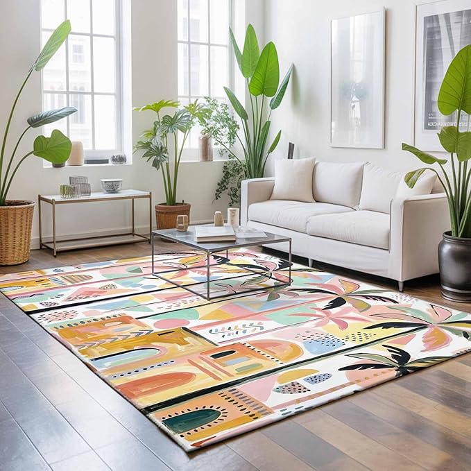Area Rug 8x10ft, Boho Summer Artistic Palm Trees Washable Rugs for Living Room Bedroom, Abstract Buildings Soft Non-Slip Area Rugs Rectangle Floor Carpet for Dining Room