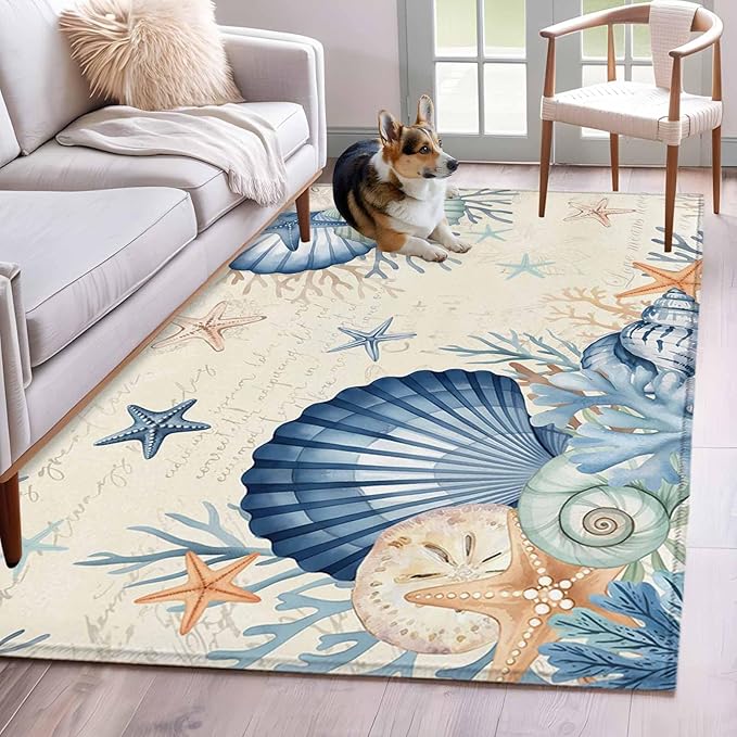Area Rug 3x5ft, Summer Blue Shells Starfish Washable Rugs for Living Room Bedroom, Vintage Coral Shells Fish Soft Non-Slip Area Rugs Rectangle Floor Carpet for Dining Room