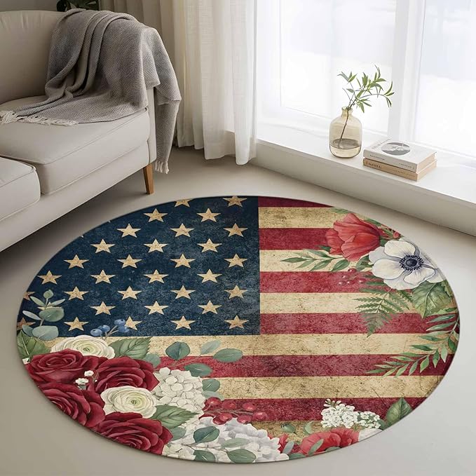 Washable Round Area Rug Independence Day 250th Anniversary Circle Rugs Floor Carpet for Living Room Bedroom, Vintage USA Flag Floral Soft Non Slip Round Rug 3ft