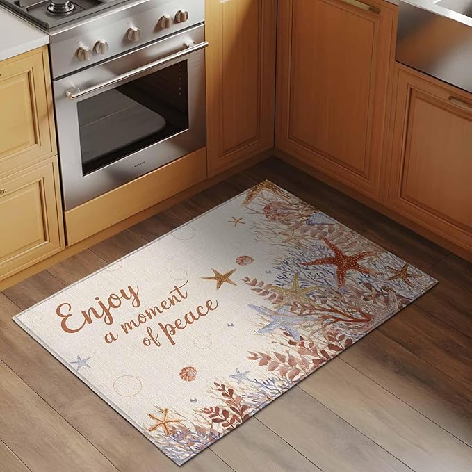 Area Rug 2x3ft, Orange Marine Starfish Coral Seaweed Washable Rugs for Living Room Bedroom, Peace Quote on Linen Soft Non-Slip Area Rugs Rectangle Floor Carpet for Dining Room