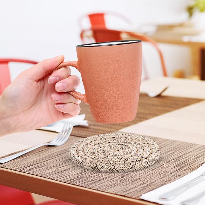 UKCOCO Bohemian Style Cotton Rope Woven Cup Coasters Set 6pcs 11cm Absorbent Decorative Drink Mats with Storage Basket for Table Bar Use Random Color