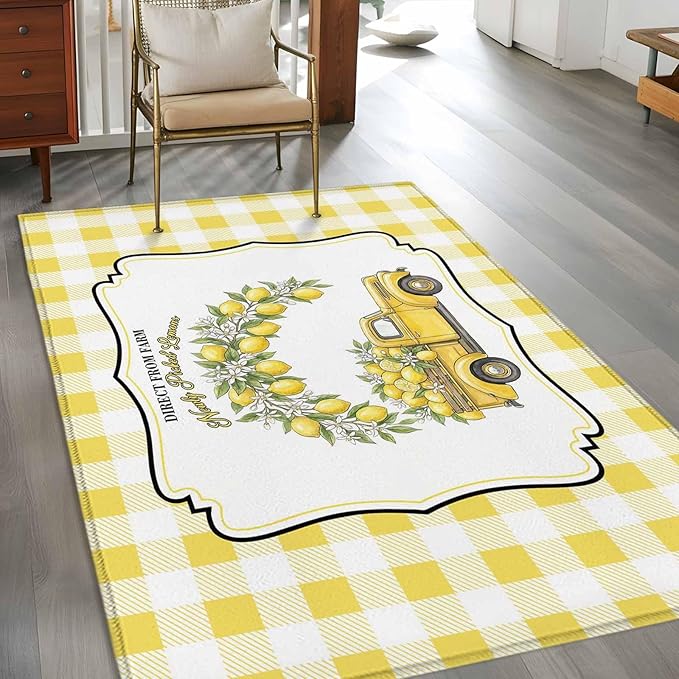 Area Rug 3x5ft, Farm Yellow Truck Lemon Fruit Washable Rugs for Living Room Bedroom, Flower Leaves Buffalo Plaid Soft Non-Slip Area Rugs Rectangle Floor Carpet for Dining Room