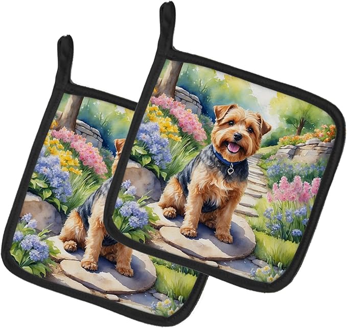 Caroline's Treasures Norfolk Terrier Spring Path Pair of Pot Holders Kitchen Heat Resistant Pot Holders Sets Oven Hot Pads for Cooking Baking BBQ, 7 1/2 x 7 1/2