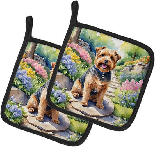 Caroline's Treasures Norfolk Terrier Spring Path Pair of Pot Holders Kitchen Heat Resistant Pot Holders Sets Oven Hot Pads for Cooking Baking BBQ, 7 1/2 x 7 1/2