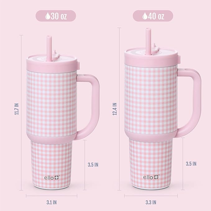 Ello Oasis 40 oz Tumbler with Handle & Retracting Straw | Reusable Insulated Stainless Steel Cup 100% Leakproof, Gifts for Teens Women Men | Keeps cold for 24 Hours, Cup Holder Friendly, Pink Gingham