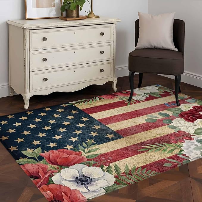 Area Rug 4x6ft, Independence Day 250th Anniversary Washable Rugs for Living Room Bedroom, Vintage USA Flag Floral Soft Non-Slip Area Rugs Rectangle Floor Carpet for Dining Room