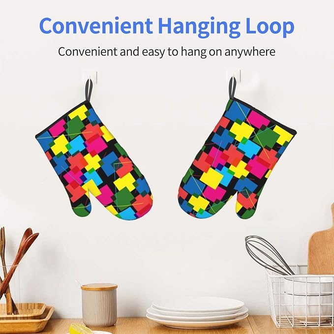 Colored Geometric Square Joined Patterns Oven Mitts of 2-Pack Set, Kitchen Gloves Heat Resistant Non-Slip Kitchen Mitts Safe Cooking Baking Grilling