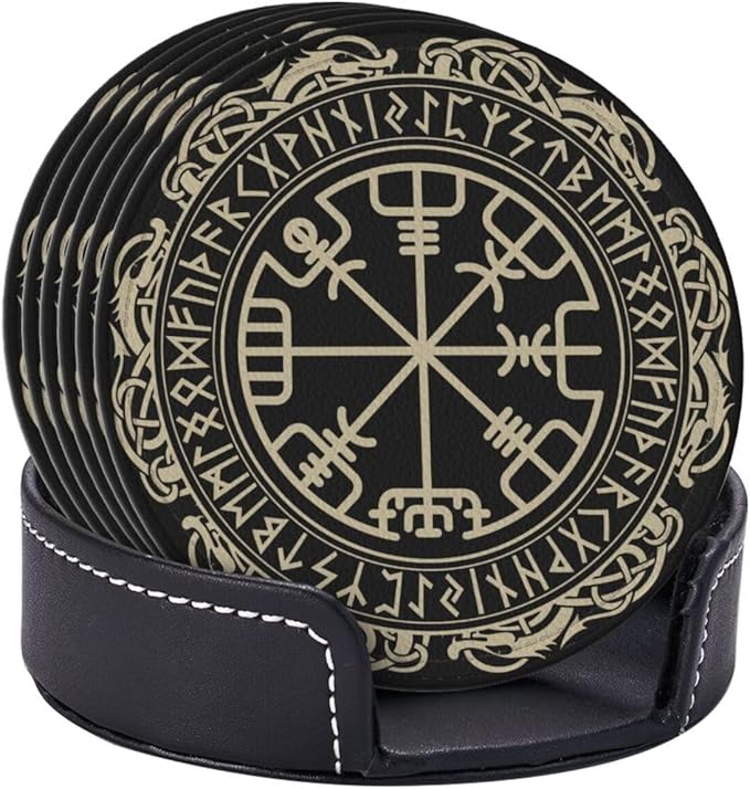 Black Viking Leather Drinks Coasters with Holder, Set of 6, Suitable for Various Cups