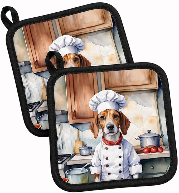 Caroline's Treasures English Foxhound The Chef Pair of Pot Holders Kitchen Heat Resistant Pot Holders Sets Oven Hot Pads for Cooking Baking BBQ, 7 1/2 x 7 1/2