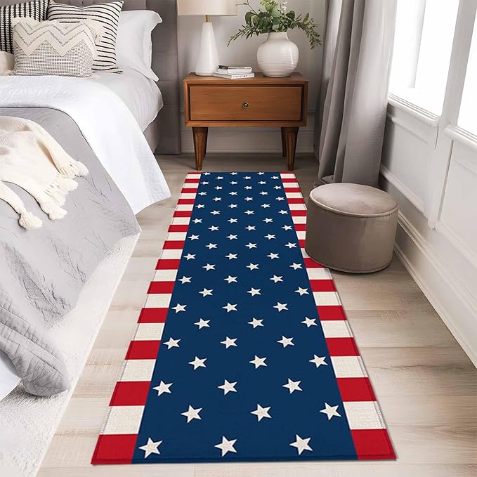Runner Rug for Bedroom Hallway, American Independence Day Kitchen Runner Rugs Area Rug 2x6ft, USA Stars on Blue Red White Border Washable Soft Floor Carpet for Entryway Stair