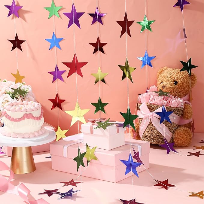 Patelai 130 Feet Glitter Star Garland Banner 2026 Party Decoration Double Side Star Hanging String Streamer Paper Twinkle for Graduation Wedding Birthday (Green,Blue,Purple,Red,Gold)