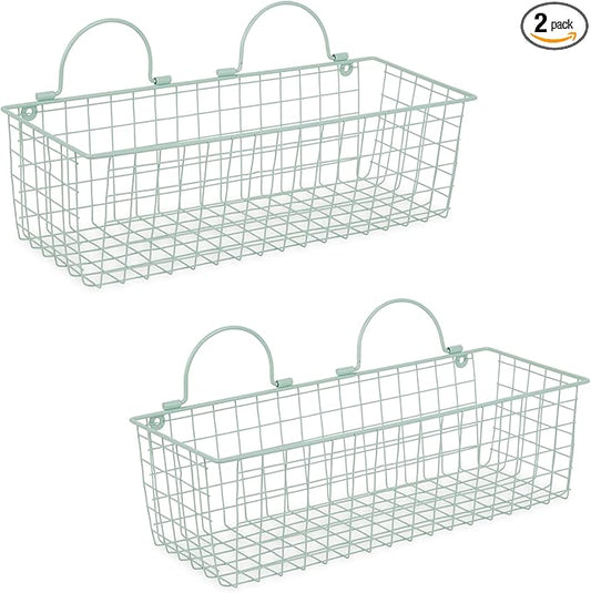 DII Farmhouse Vintage Decor, Wire Wall Basket, Medium, Aqua, 2 Piece