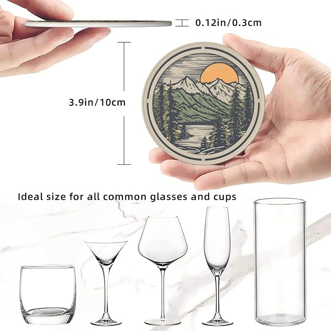 Mountain Sunset Leather Drinks Coasters with Holder, Set of 6, Suitable for Various Cups