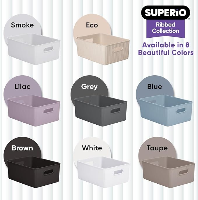Superio Ribbed Collection - Decorative Plastic Basket Open Home Storage Bins Organizer, Large Blue (1 Pack) Container Boxes for Organizing Closet Storage Bins for Shelves 15 Liter/16 Quart