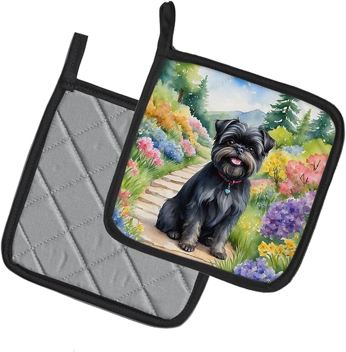 Caroline's Treasures Affenpinscher Spring Garden Pair of Pot Holders Kitchen Heat Resistant Pot Holders Sets Oven Hot Pads for Cooking Baking BBQ, 7 1/2 x 7 1/2