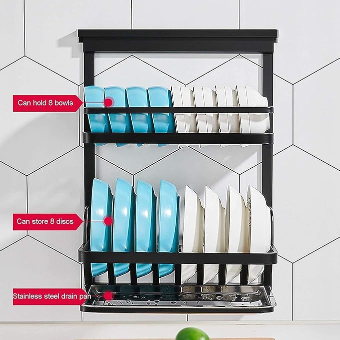 Kitchen Supplies 2-Layer Wall-Mounted Dish Rack Black Storage Kitchen Drain Rack for Storage of Dishes/Kitchenware 49.5 25 38Cm Gifts for Ladies
