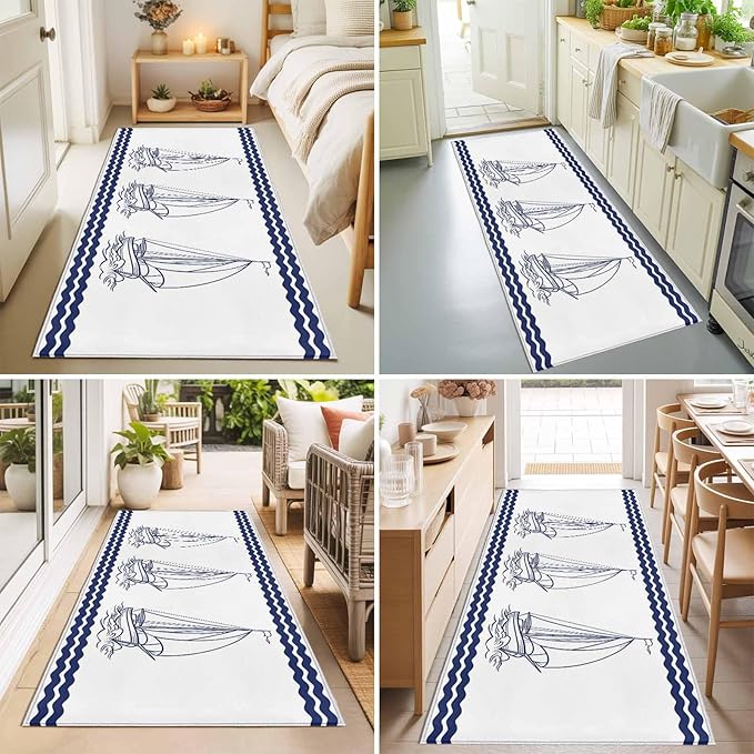 Runner Rug for Bedroom Hallway, Summer Ocean Nautical Sailboat Kitchen Runner Rugs Area Rug 2x6ft, Marine Theme Navy Blue Stripe Washable Soft Floor Carpet for Entryway Stair