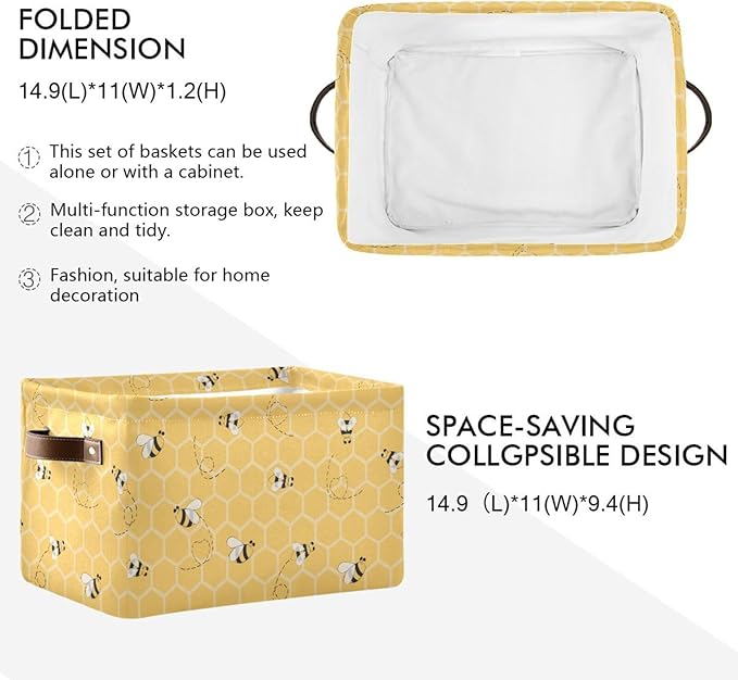 Rectangular Storage Bin Bee Yellow Airy Print Storage Baskets with Handles Toy Bins Shelf Basket for Nursery Room Kids Toy Pets Closet