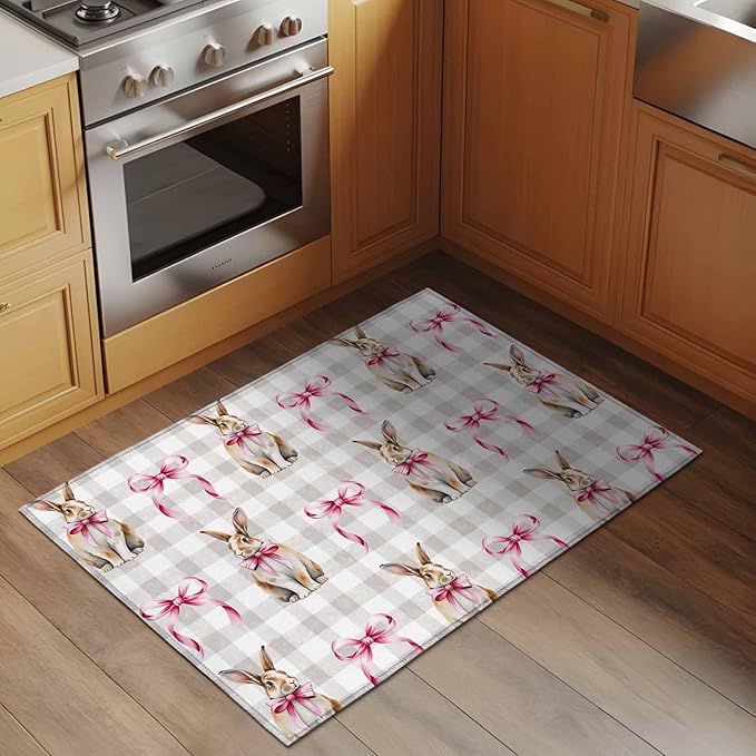 Area Rug 2x3ft, Easter Rabbit Pink Bow Washable Rugs for Living Room Bedroom, Seamless Bunny Gray Buffalo Plaid Soft Non-Slip Area Rugs Rectangle Floor Carpet for Dining Room