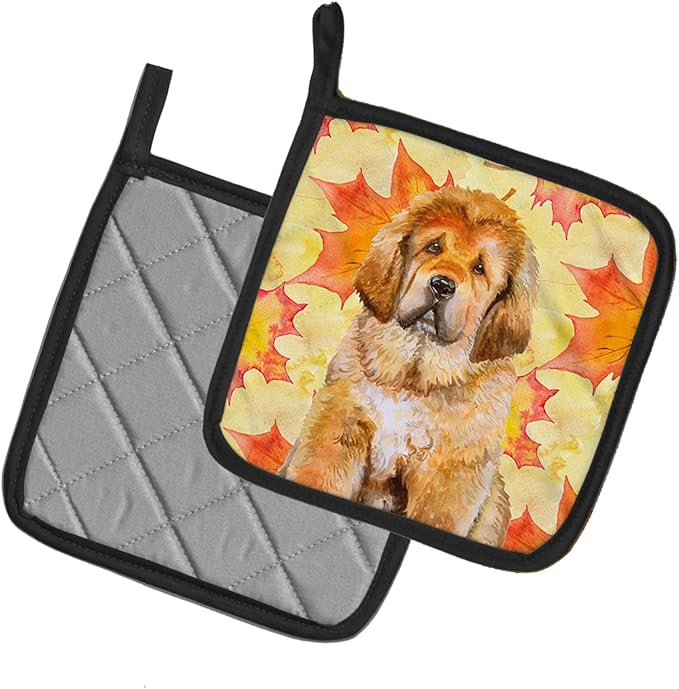 Caroline's Treasures BB9982PTHD Tibetan Mastiff Fall Pair of Pot Holders, Yellow Kitchen Heat Resistant Pot Holders Sets Oven Hot Pads for Cooking Baking BBQ, 7 1/2 x 7 1/2