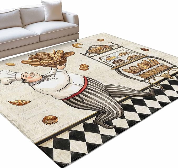 Area Rug 4x6ft, Farmhouse Kitchen Baker Bread Washable Rugs for Living Room Bedroom, Vintage Black Plaid Soft Non-Slip Area Rugs Rectangle Floor Carpet for Dining Room