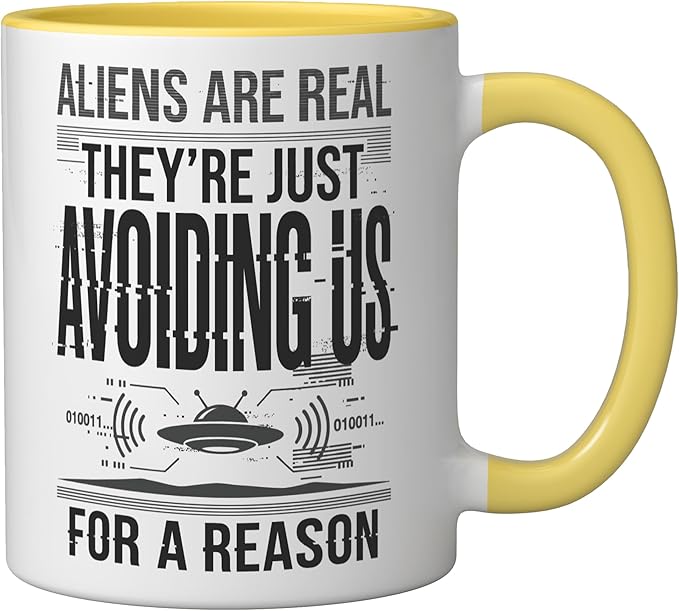 Aliens UFO Space Sci Fi Believer Extraterrestrial Ceramic Mug, Yellow/White